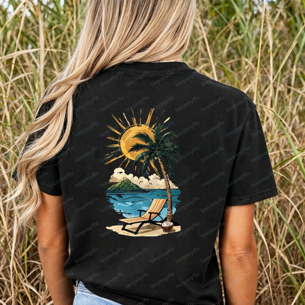 Summer Beach Vacation T-Shirt Women Palm Tree Sun Chair Ocean Graphic Casual Short Sleeve Cotton Tops Relaxing Holiday Shirts