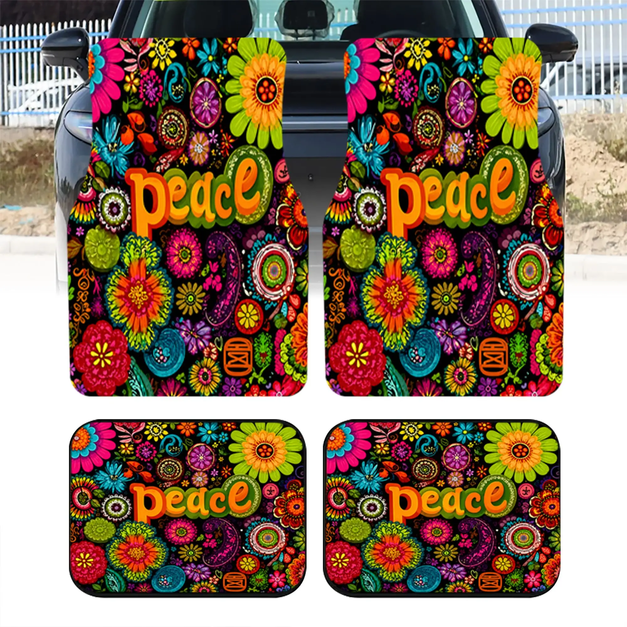 2pcs 4pcs Universal Car Floor Mats, Vibrant Peace Sign And Colorful Floral Pattern Print, Retro Hippie Style Auto Interior Decor