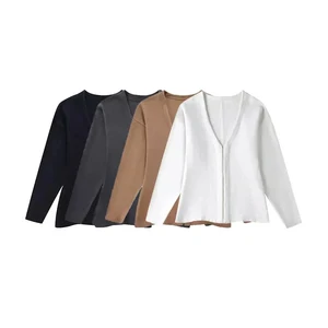 Traf-Saveter-Strickjacke für Frauen mit Fronthaken, V-Ausschnitt mit V-Ausschnitt, lange Ärmel, Seitenstadtscheide, weibliche Wagen, schicke Tops, Mode Hauptmindestverkaufsminibluse mit langem Schlaf - №6