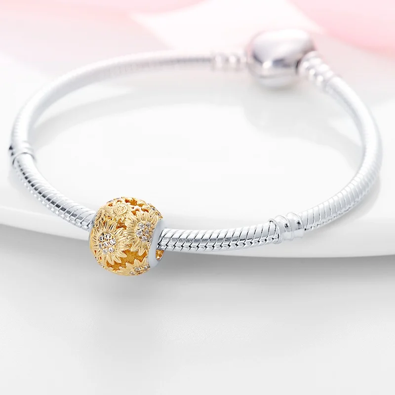 Abalorio de girasol de oro original de Plata de Ley 925, cuentas DIY, pulsera, collar, compromiso, regalo de joyería de cumpleaños