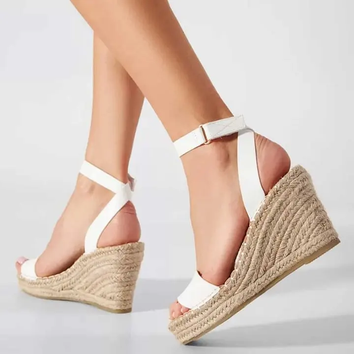 

White Open Toe Buckled Ankle Strap Wedge Sandals with Platform