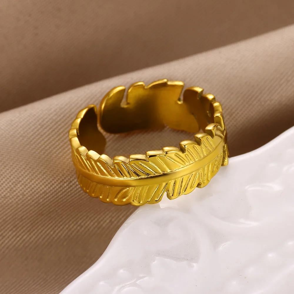 Feather Rings for Women Waterproof Gold Color Stainless Steel Ring Opening Freedom Symbol Couple Band Wedding Jewelry anillos