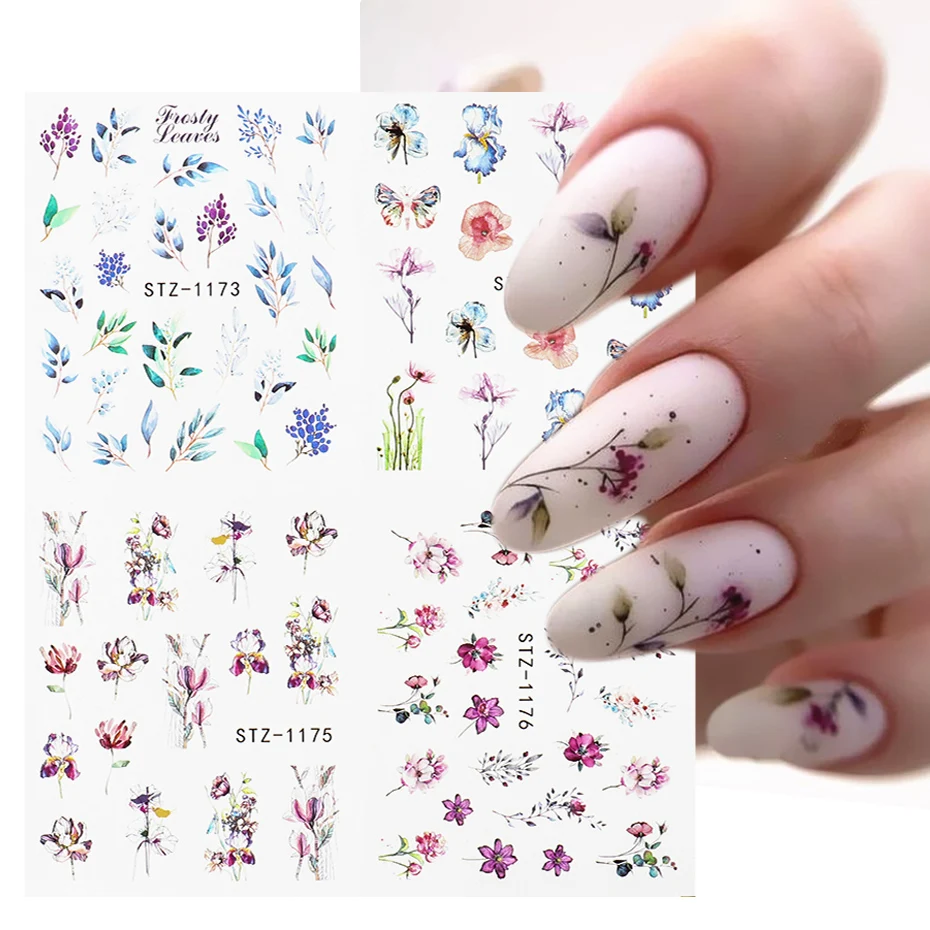 4pcs/Set Watercolor Flower Nail Stickers Blooming Abstract Leaf Tattoo Decals Slider Manicure Nail Decoration SASTZ1137-1180-1