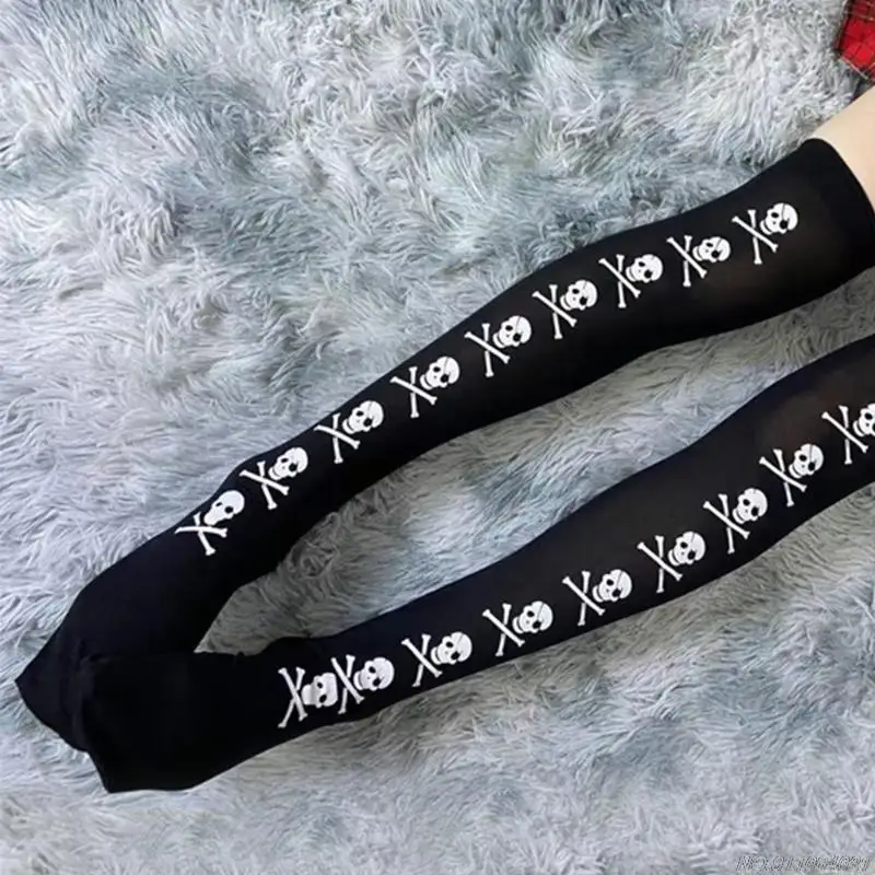 Kobiety Gothic Halloween czarne zakolanówki pończochy czaszka drukowane na długie skarpety do kolan Cosplay rajstopy Dropshipping — zdjęcie 5