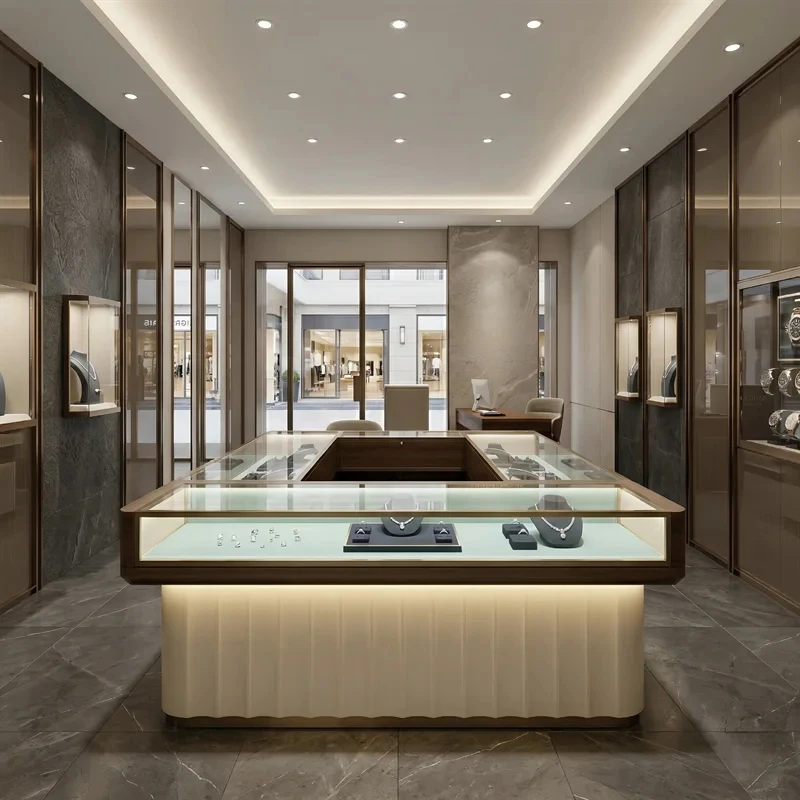 custom.Luxury Gold Trim Custom Made Jewelry Showcases with Fluted Base and LED High-End Retail Showroom Direct Factory