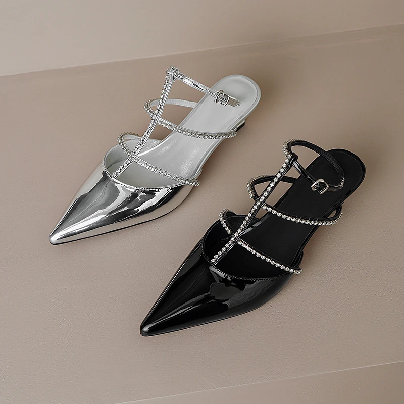 New Ladies Shoes Diamond with Low Heels Silver Dress Half Rhinestones Women's Sandals Pointed Toe Closed Original Casual Heels