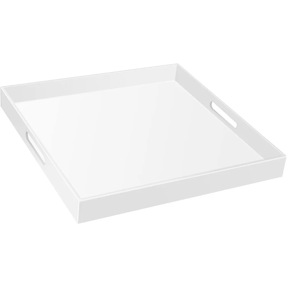 24×24 Inches Glossy White Acrylic Serving Tray with Handles Extra Large Ottoman Tray Decorative Tray Spill-Proof