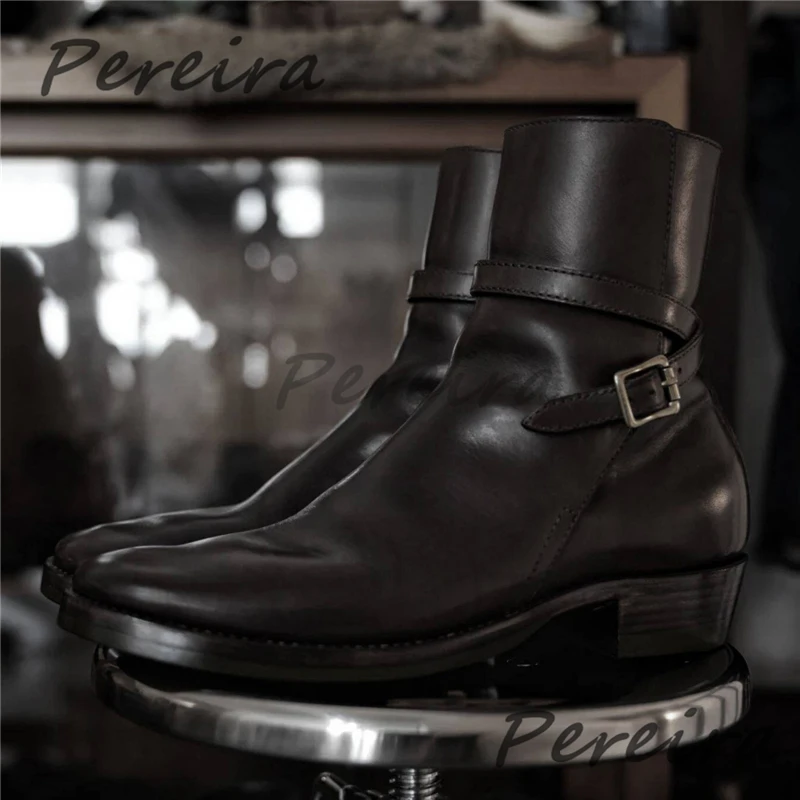 

Black Leather Belt Buckle Chelsea Boots Fashion Handmade Round Toe Low Heel Slip-On Short Boots Spring Autumn Men's Dress Shoes