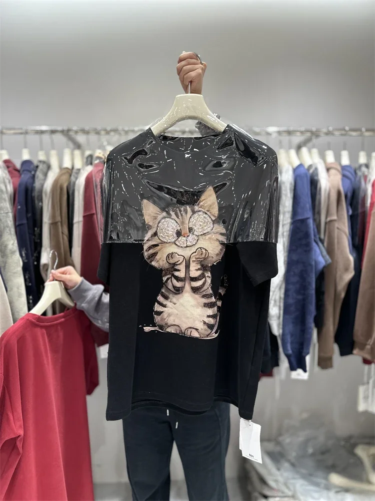 Heavy Industry Thick Cotton Short-sleeved T-shirt Women's Winter 2024 New Versatile Mid Length Bead Cartoon Cat Half-sleeved Top