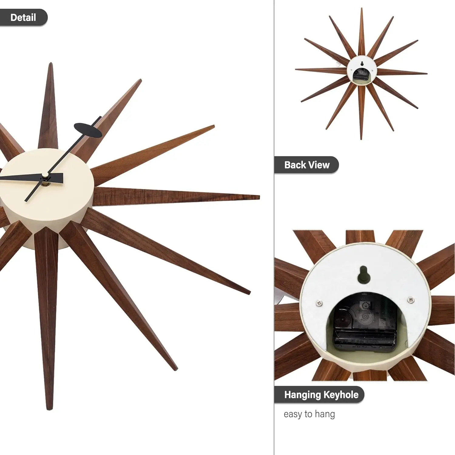 Mid Century Wall Clock Walnut Wooden Starburst Clock Replica George Nelson Sunburst Clock for Decorative Office Wall Living Room
