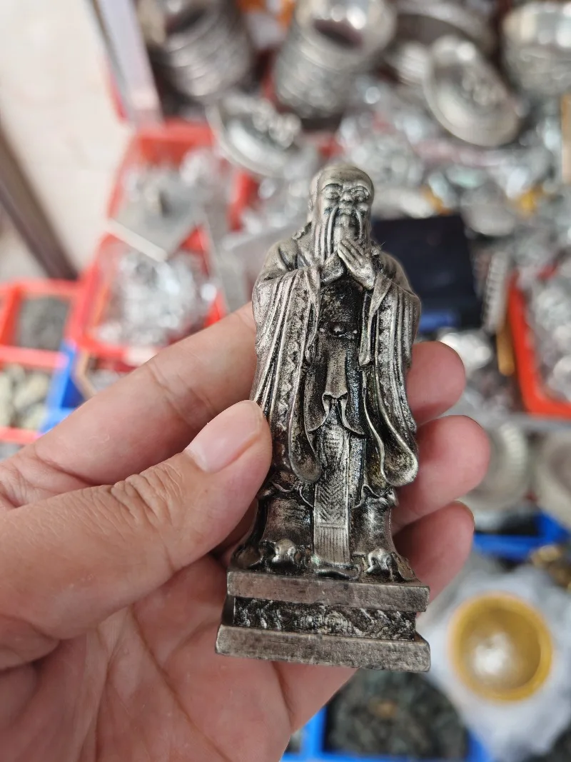 Vintage Elder Decorative Figurine Resin Standing Statue Silver Tone Craft Ornament for Home Desktop Shelf Display Decor Gift