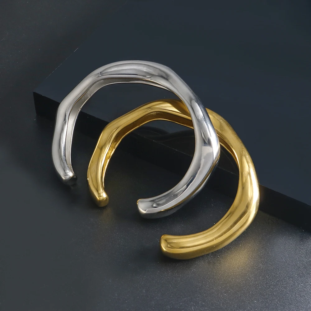 

JOVO LOVE Punk Irregular Chunky Open Cuff Bangles for Couple Vintage Fashion Golden Silver Color Wide Bracelets Bangles Jewelry