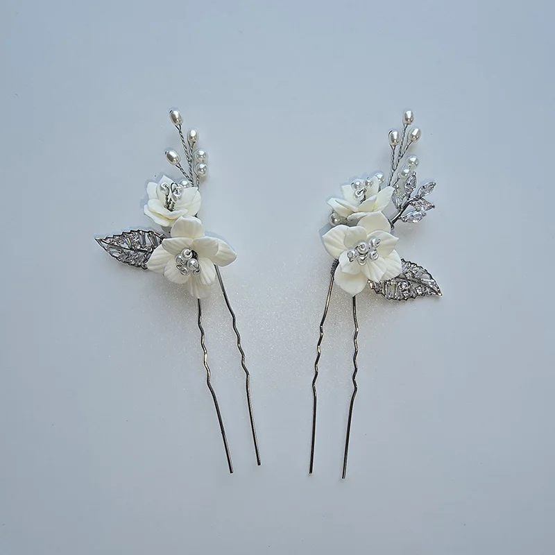 

SLBRIDAL Handmade Zircon Porcelain Flower Pearls Bridal Hair Pin Set Wedding Hair Sticker Hair Accessories Women Hair Jewelry