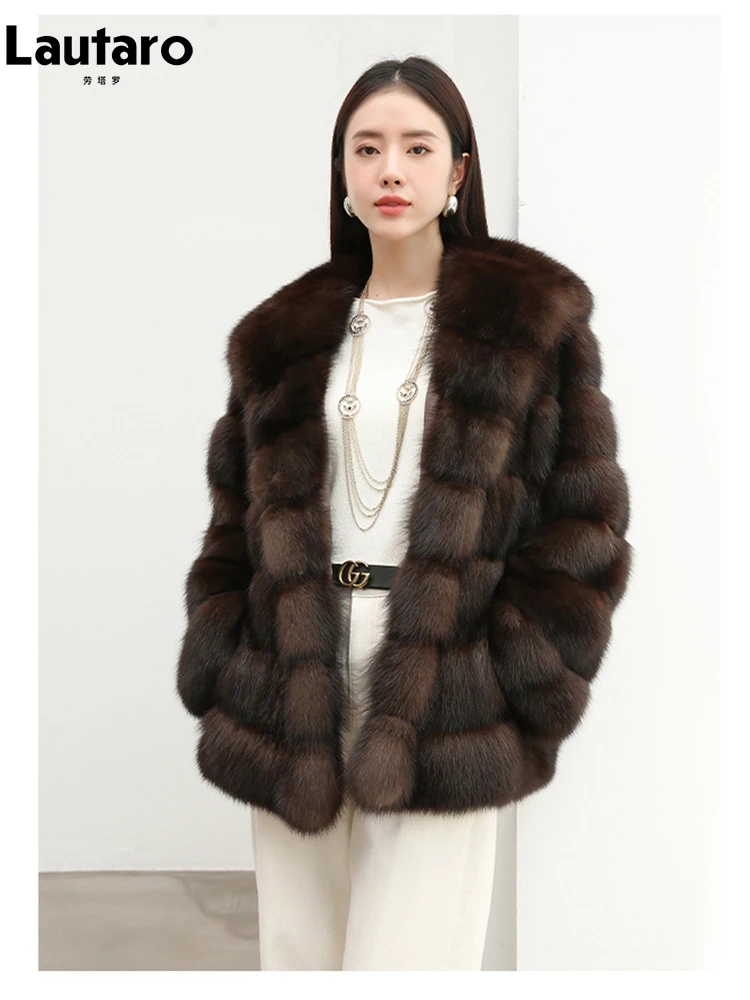 Lautaro Autumn Winter Elegant Luxury Chic Thick Warm Soft Faux Sable Fur Coat Women with Hood High Quality Fluffy Jacket Hoodie