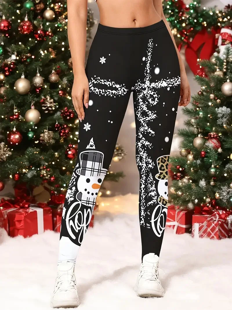 3D プリント雪だるまグラフィックヨガパンツ女性のファッション快適なハイウエストレギンス屋外ランニングスポーツフィットネス弾性パンツ