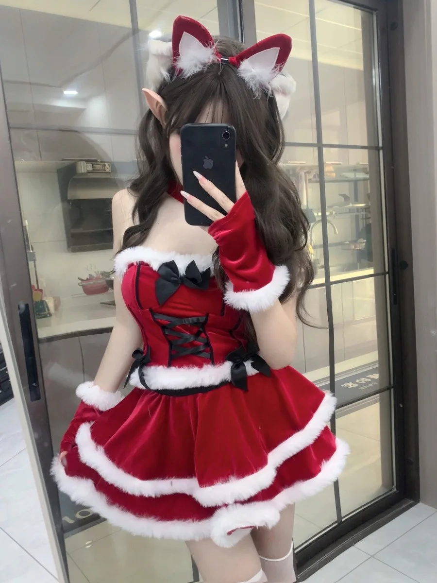 Seksowny Czerwony Strój Króliczka Cosplay Dr Cute Kostium na Halloween Cisas Maid Spódnica w kształcie litery A Sukienka na ramiączkach dla Nastolatek