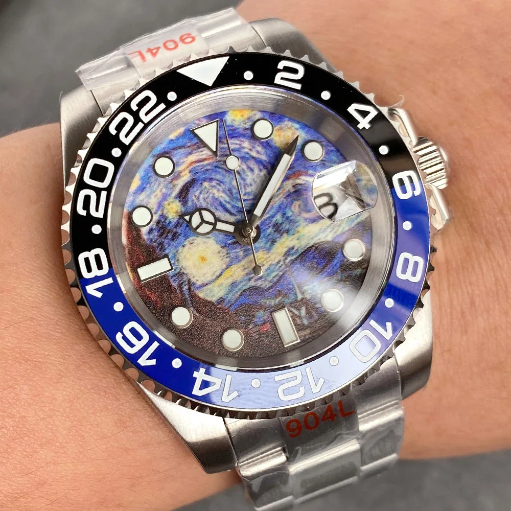 Tandorio 40mm Automatic Men\'s Wristwatch NH35 Movement Starry Design Dial 120 Clicks Rotating Bezel Bracelet Band