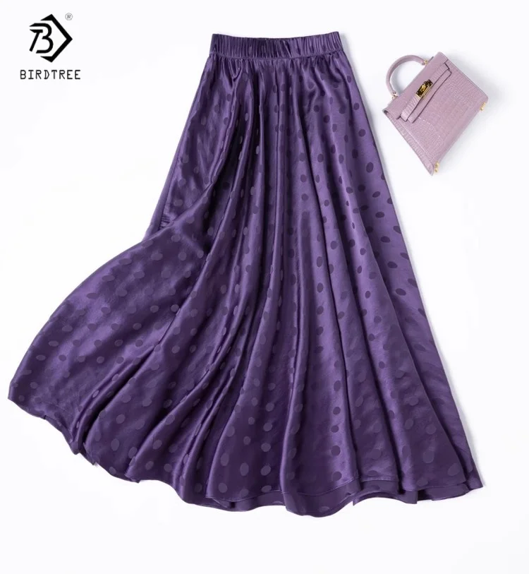

BirdTree 21MM 93% Mulberry Silk 7% Nylon Skirt,Jacquard Satin Slant Cut Elastic Waist Dot Purple Skirts,2025 New D55719JF