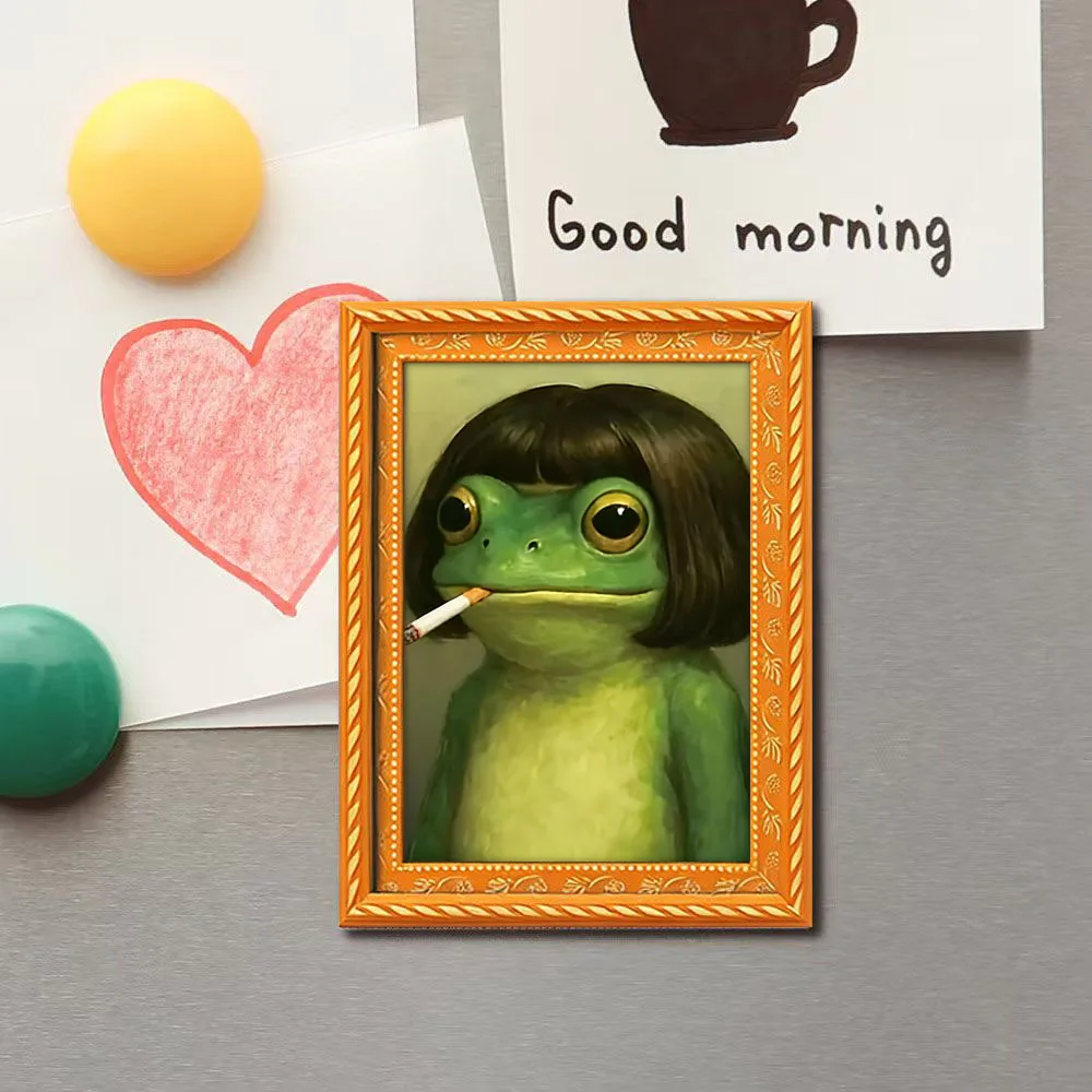 1 Piece of Mini Photo Frame-Shaped Long-Haired Frog Fridge Magnet, Exquisite Home Decor Gift, Featuring a Frog Element with a Fun Wig, a Wonderful Holiday Gift