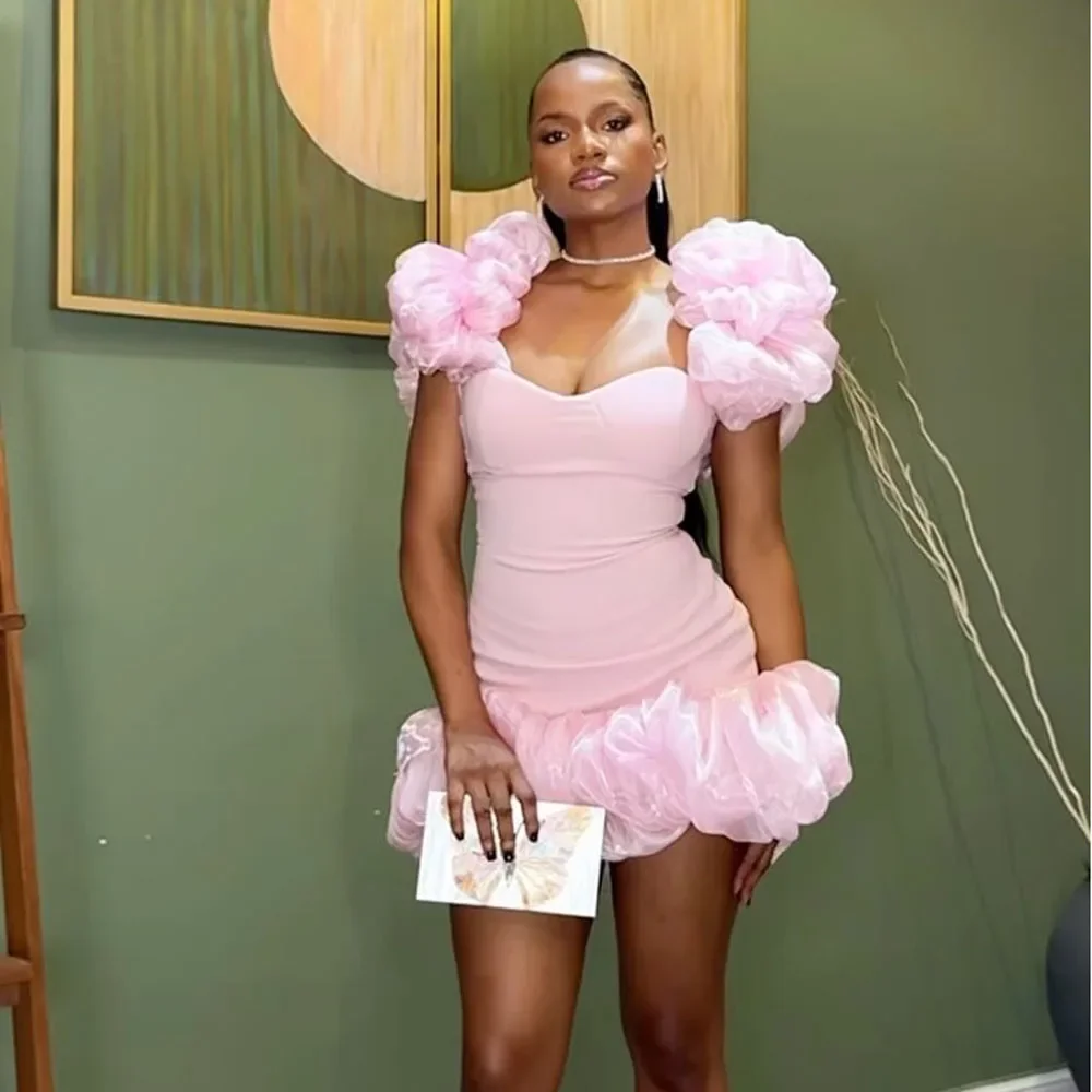 

Fashionable Light Pink High Stretchy Short Women Dreses With Bubble Organza Details Birthday Party Mini Dress