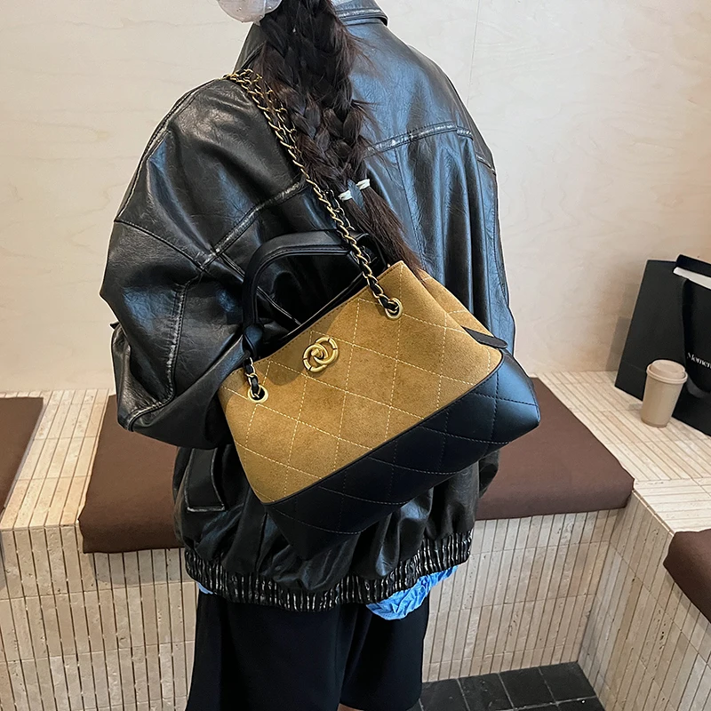 

HY5518 Retro High-End Contrasting Suede Tote Bag 2025 New Autum Bucket Bag Versatile Armpit Bag Shoulder Bag
