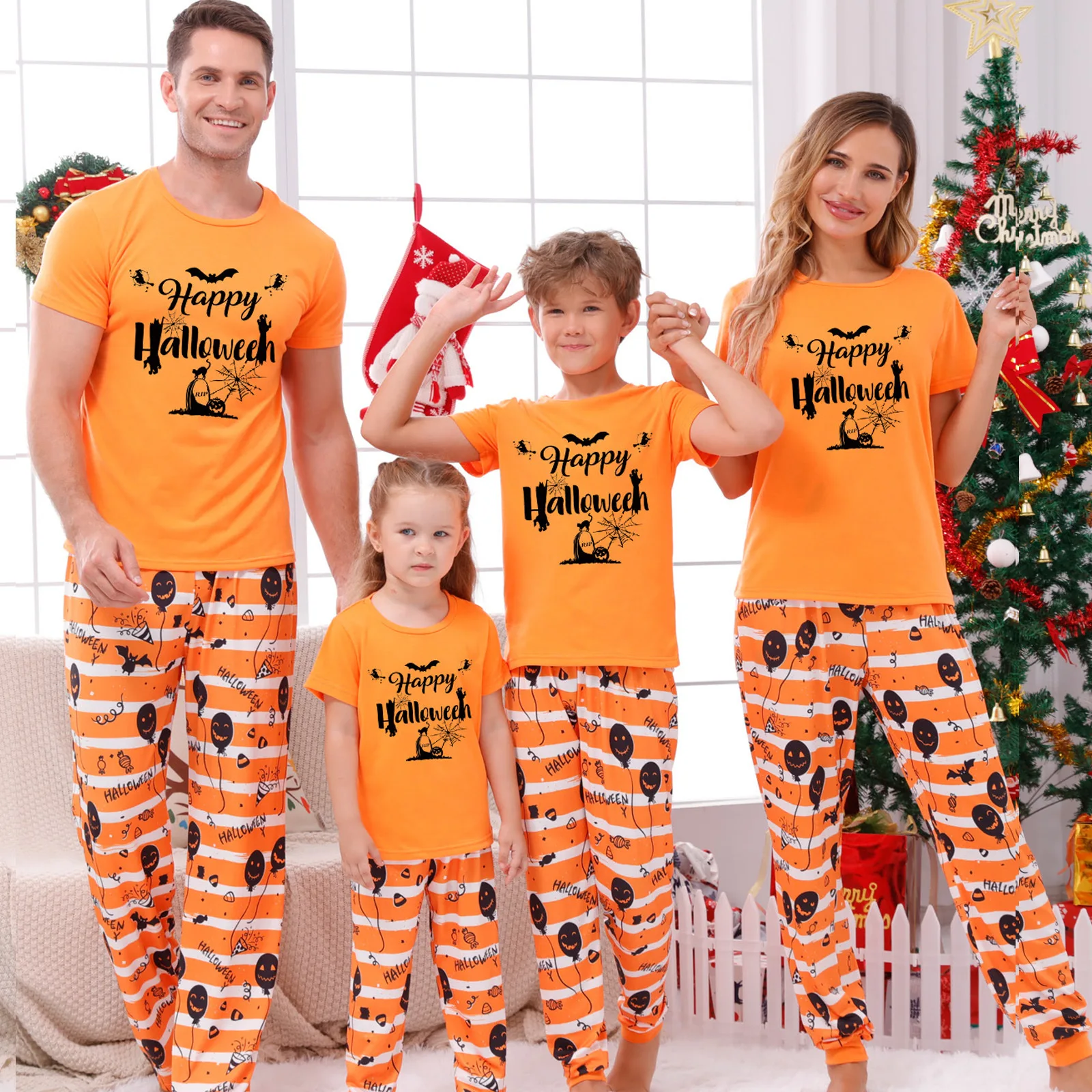 Happy Halloween Matching Pajamas Set Pumpkin Print Mom Dad Kids 2 Pieces Suit Pyjamas Baby Romper Party Clothes Family Look Pjs