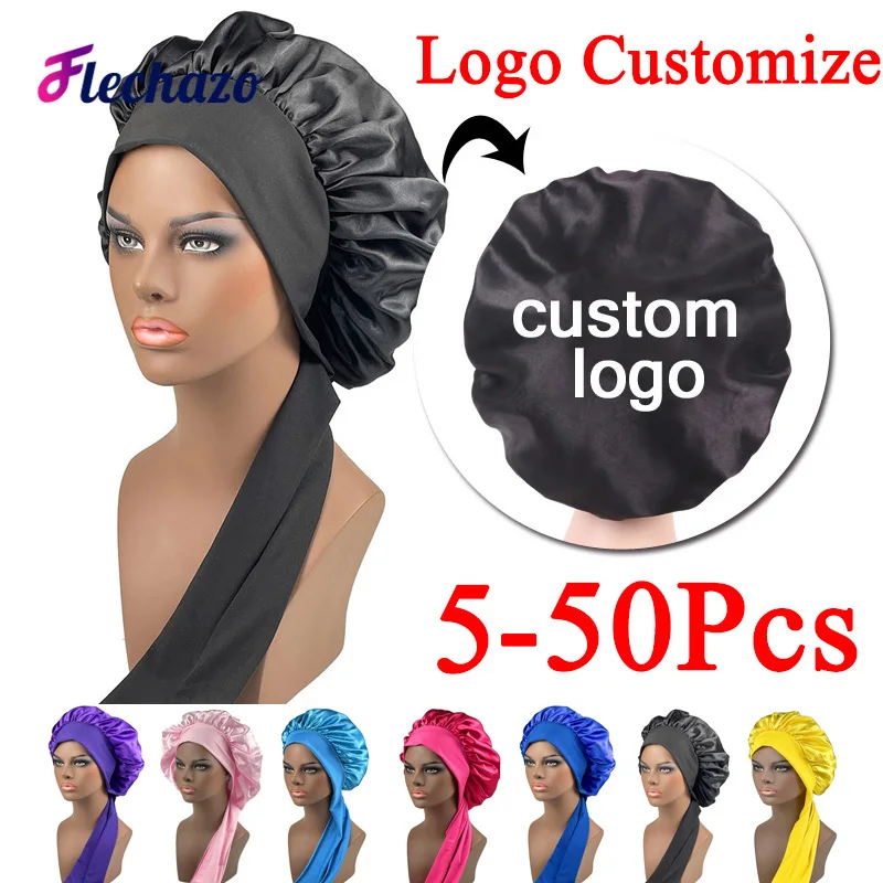 

5-50Pcs Satin Bonnet For Hair Wigs Private Logo Silk Hair Bonnets For Naturally Curly Hair No Headache No Fall Off Sleep Cap