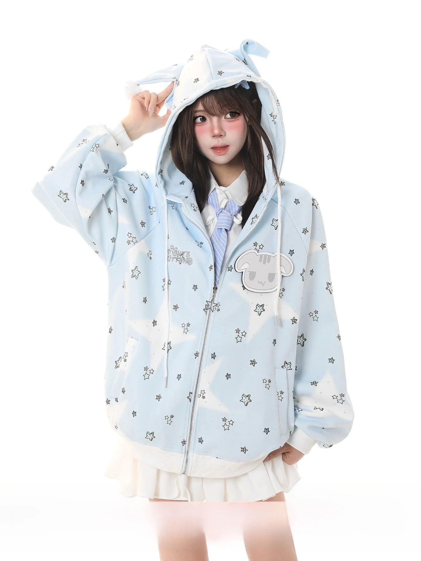 

Женская толстовка Sweet Girl Star Cartoon с капюшоном, свободного кроя, весенняя, повседневная, удобная, универсальная верхняя одежда с длинными рукавами и застежкой-молнией