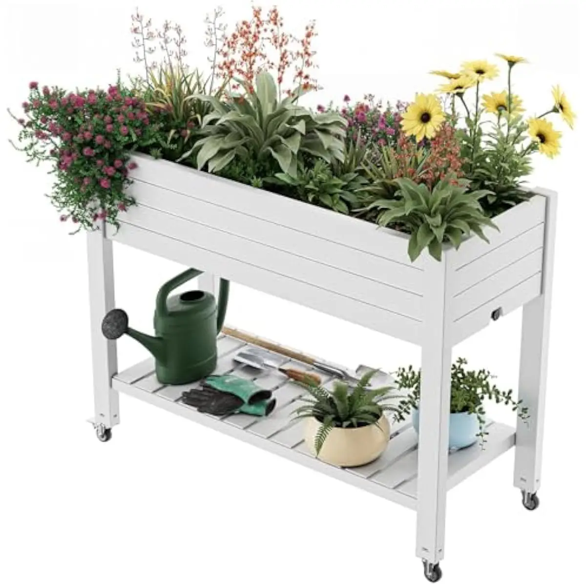 Raised Garden Planter on Locking Casters with Drainage Plug and Water Level Indicator Built-in Storage Shelf Rustproof Metal Fra