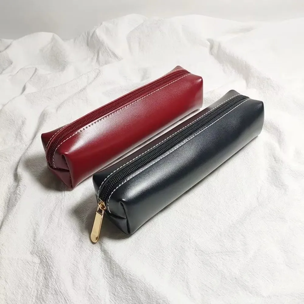 Trendy Portable Pencil Case Solid Color Small Size Stationery Box PU Simple Design Pen Bag School Office Use