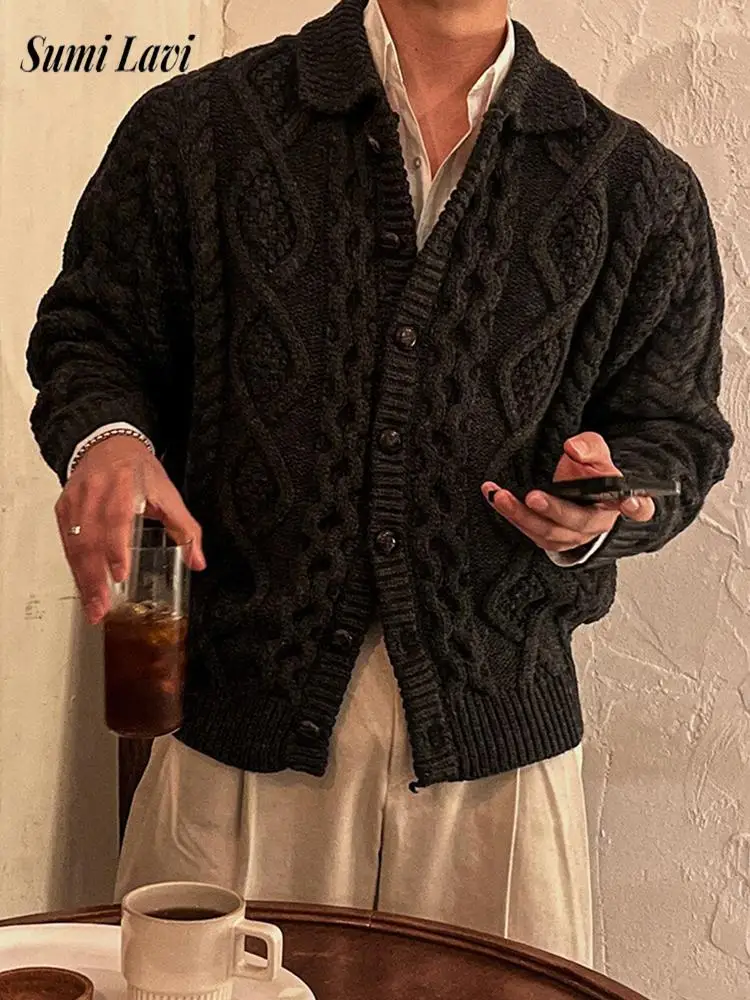 

New Casual Men's Button-up Lapel Sweatercoats Fall Winter Vintage Twist Jacquard Knit Cardigans Men Fashionable Knitted Jacket