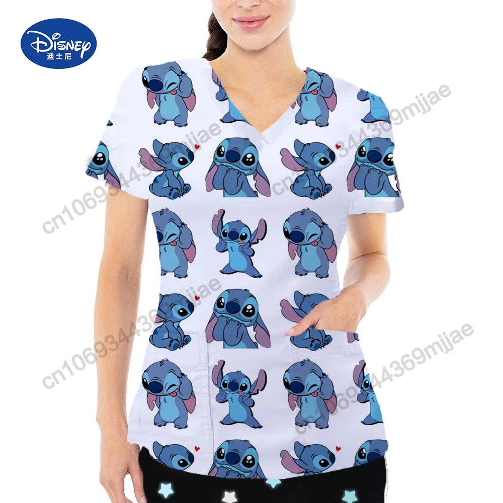 Summer Casual Women's T-shirts Two-Pocket Design Cartoon Pattern Female Clothes Free Shipping V-neck Short Sleeves Top for Women image 5