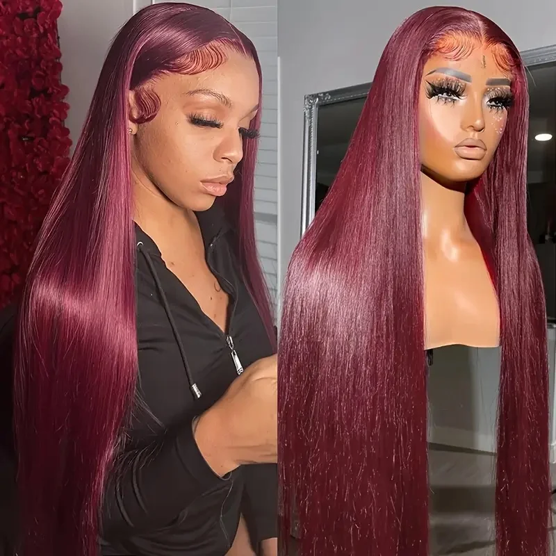 

Straight 13×4 Lace Front Wigs Human Hair Burgundy 220 Density Transparent Pre Plucked Wine Red Lace Frontal Wigs For Women 99J