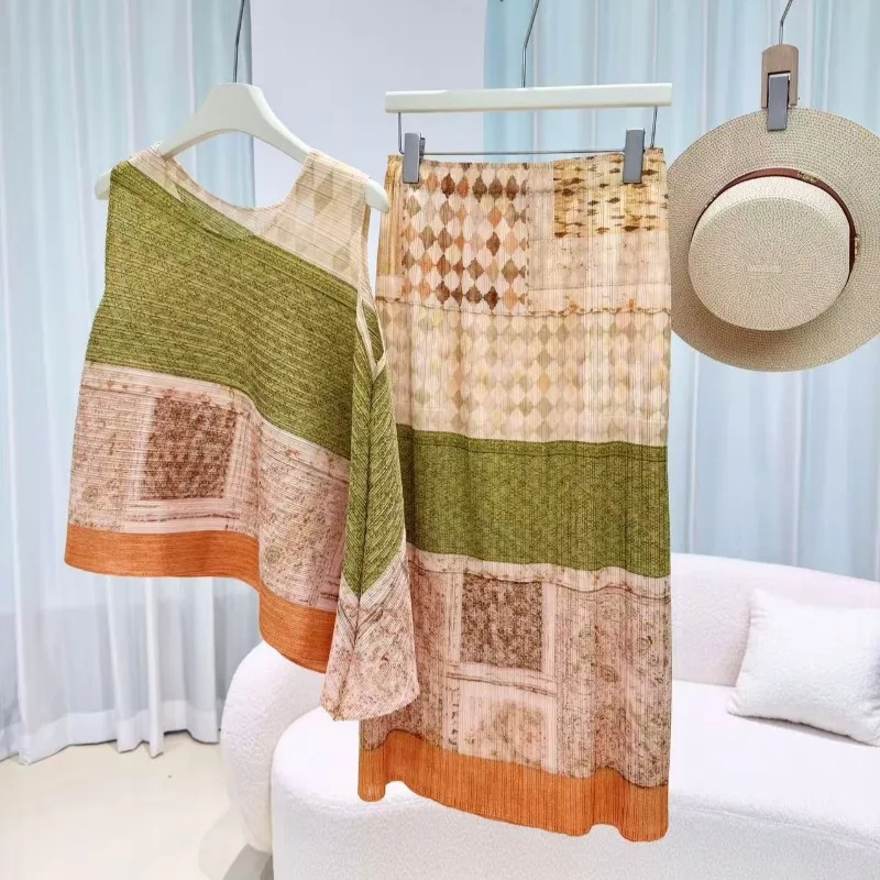  Pleated Sleeveless T-Shirt Summer New Fashion Printed Diagonal Vest Elastic Waist Women's Lightweight Stretch Skirt Set