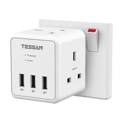 TESSAN UK Plug Adapter Surge Protector with 2 Way Outlets & 3 USB Charging Ports, Cube Multi Plug Extension Wall Socket for Home