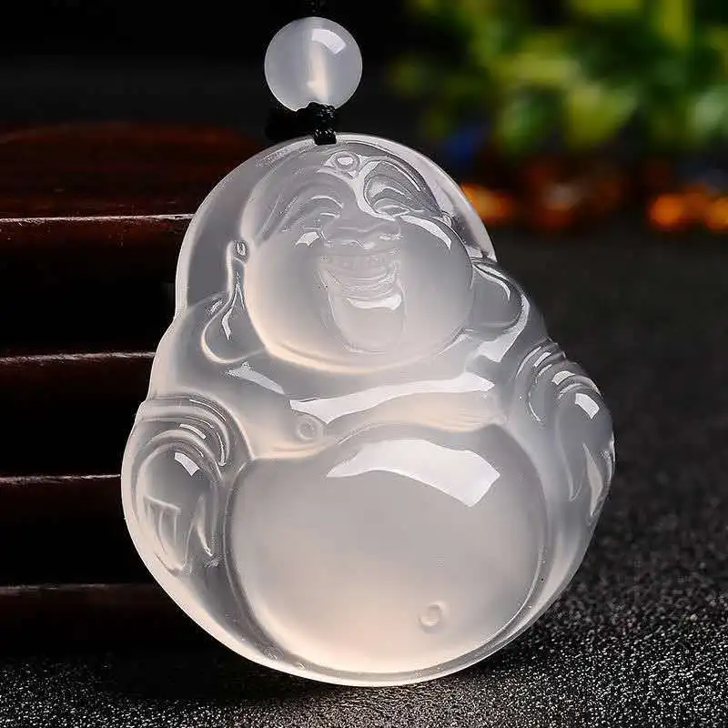 Brazil White Chalcedony Agate Big Belly Smiling Buddha Men's and Women's Smiling Mouth Often Open Jade Buddha Pendant Jade Buddh