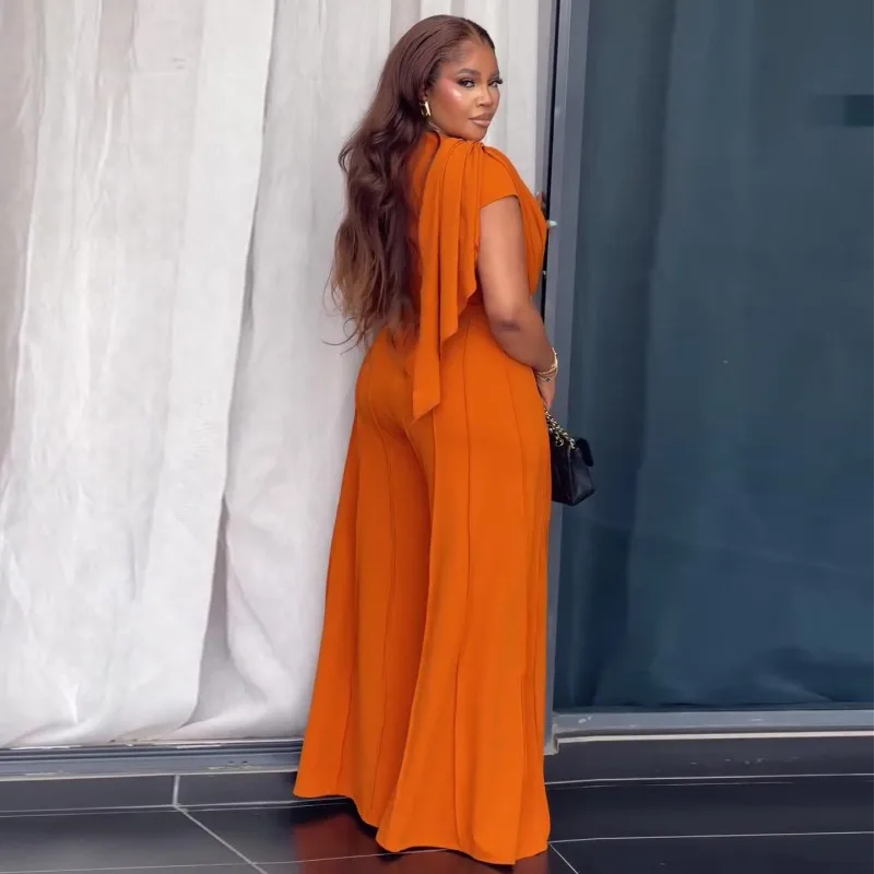 2026 Afrikanischer Damen-Jumpsuit in Orange, elegant, V-Ausschnitt, geraffte Schulterpartie, hohe Taille, vertikale Naht, weites Bein, Party-Langoverall – Detail 8