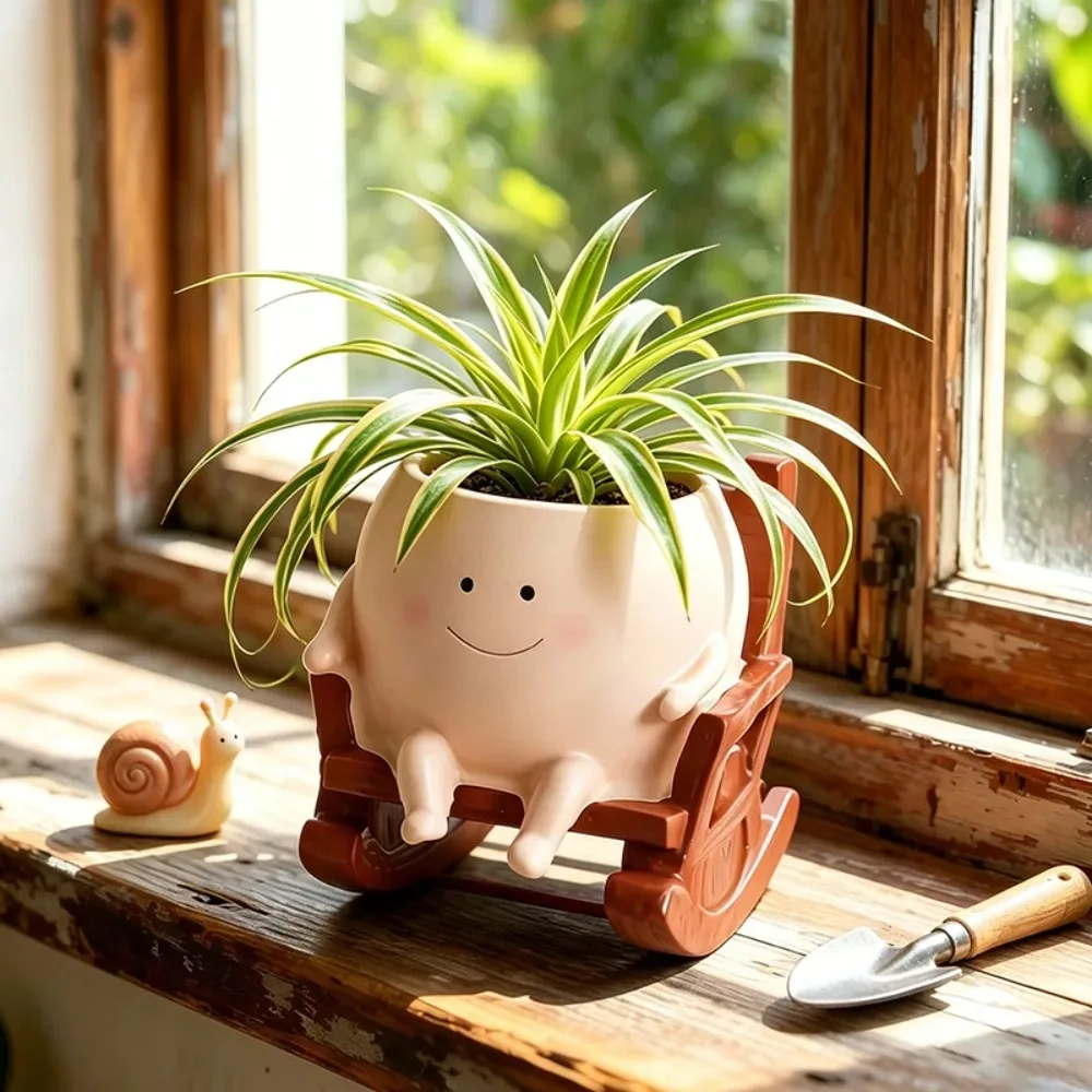 Rocking Chair Smiley Face Flower Pot Cute Plant Planter Mini Creative for Balcony Indoor Courtyard High Aesthetic Decorative