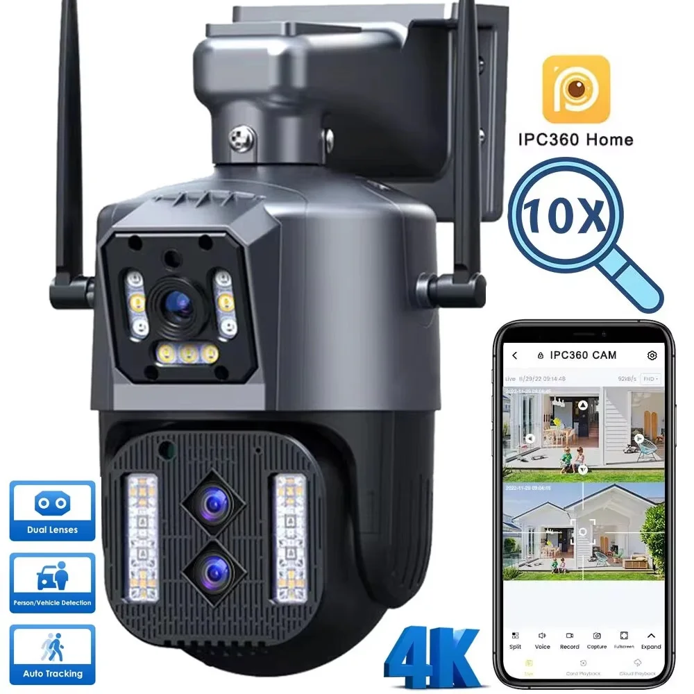 6MP 4K IP WiFi Outdoor Camera Ptz Three Lens Dual Screen 10x Hybrid Zoom Auto Tracking Waterproof 360° Security Camera