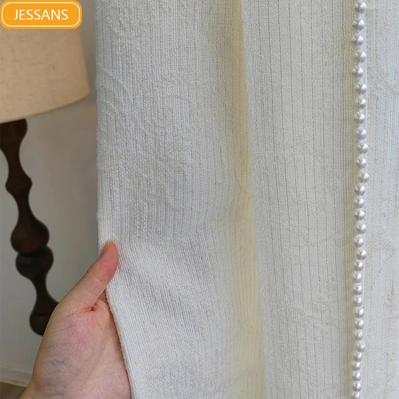Cream Cashmere Three-dimensional Relief Pearl Window Screen Curtains for Living Room Bedroom Balcony Bay Window Customization