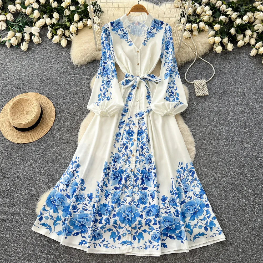 

Women Dresses Print Dress Button V Neck Lantern Sleeves Ankle Length Cinched Waist Slight Strech Loose Casual Office 2026 Spring