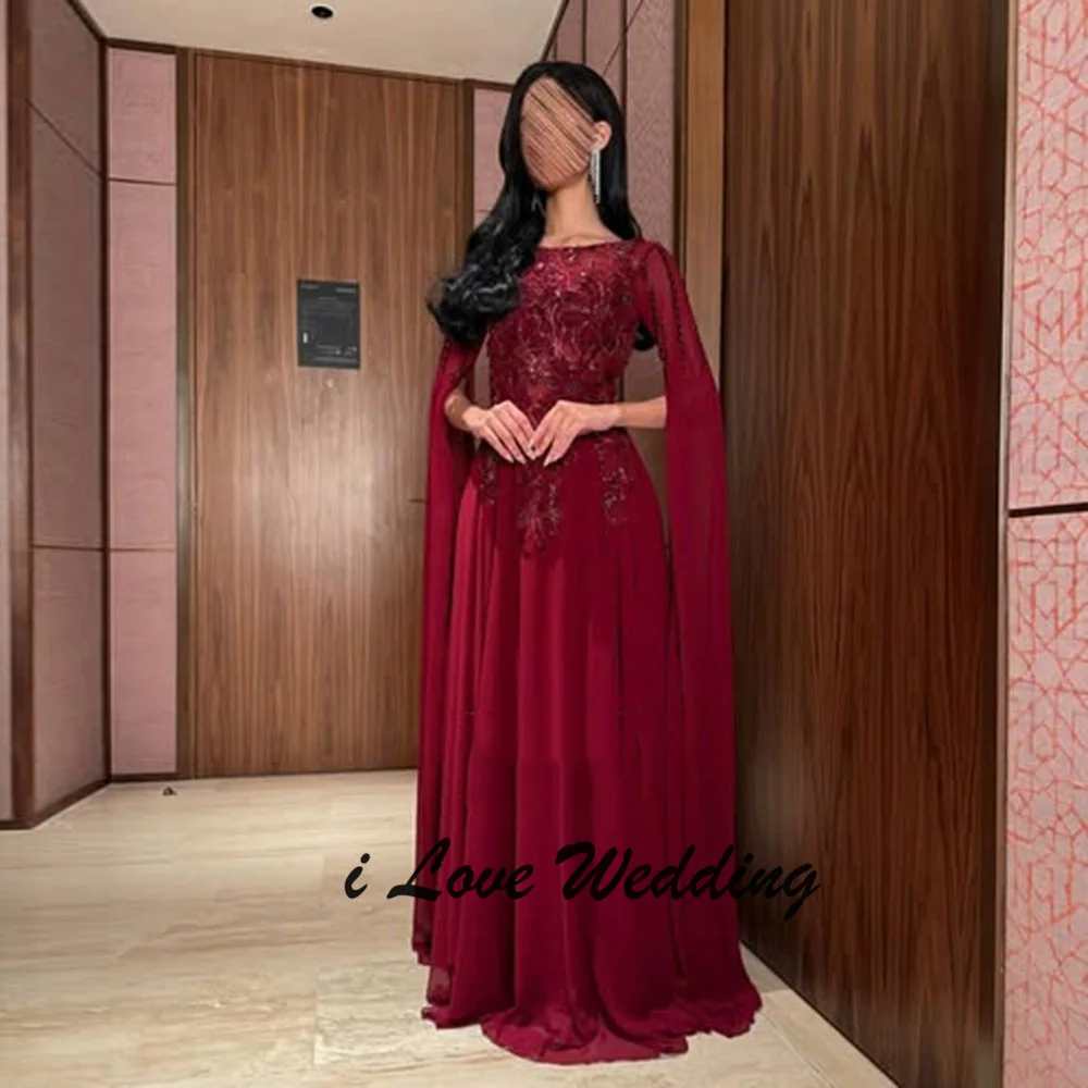 

Elegant O-neck Chiffon A-line Cape Flowing Saudi Dress Floor Length Court Backless Evening Gown with Embroidery Lace Customized