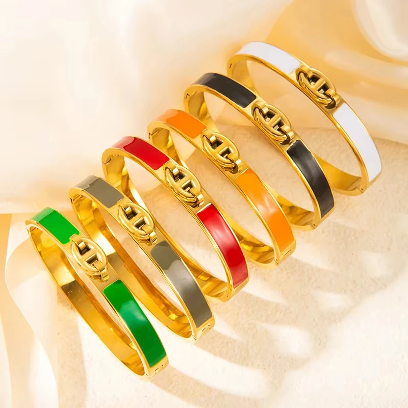 French H-shaped Pig Nose Bracelet Stainless Steel Fashionable And Versatile Enamel Drip Rubber Bracelet Women's Jewelry