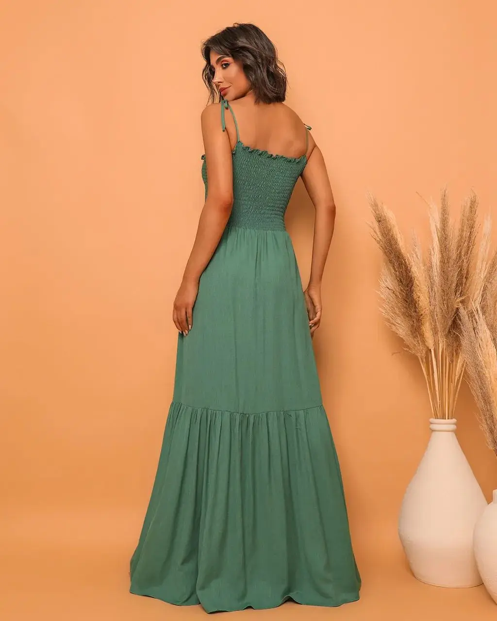 2025 Spring Summer Dresses For Women Beach Dresses Casual Holiday Smoke Long Dress Green Top Strap Waist Long Dress