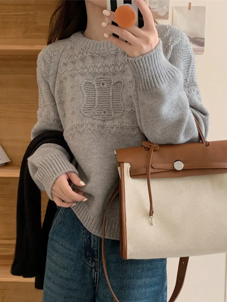 Korean Commuter Knitted Sweater Women\'s 2023 Autumn Winter Casual Thickened Round Neck Crochet Pullovers Loose Long Sleeve Tops