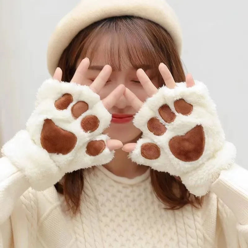 Cute Cat Paw Half Finger Gloves Women Winter Plush Fleece Lined Warm Bear Paw Mittens Student Writing Fingerless Knitted Gloves