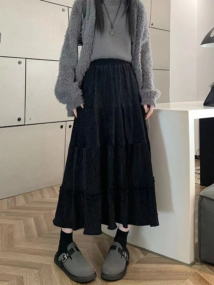 Deeptown Elegant Corduroy Long Skirt Ruffle Women Vintage Korean Style Midi Skirts Sweet Pleated Fashion Autumn Winter Skirts