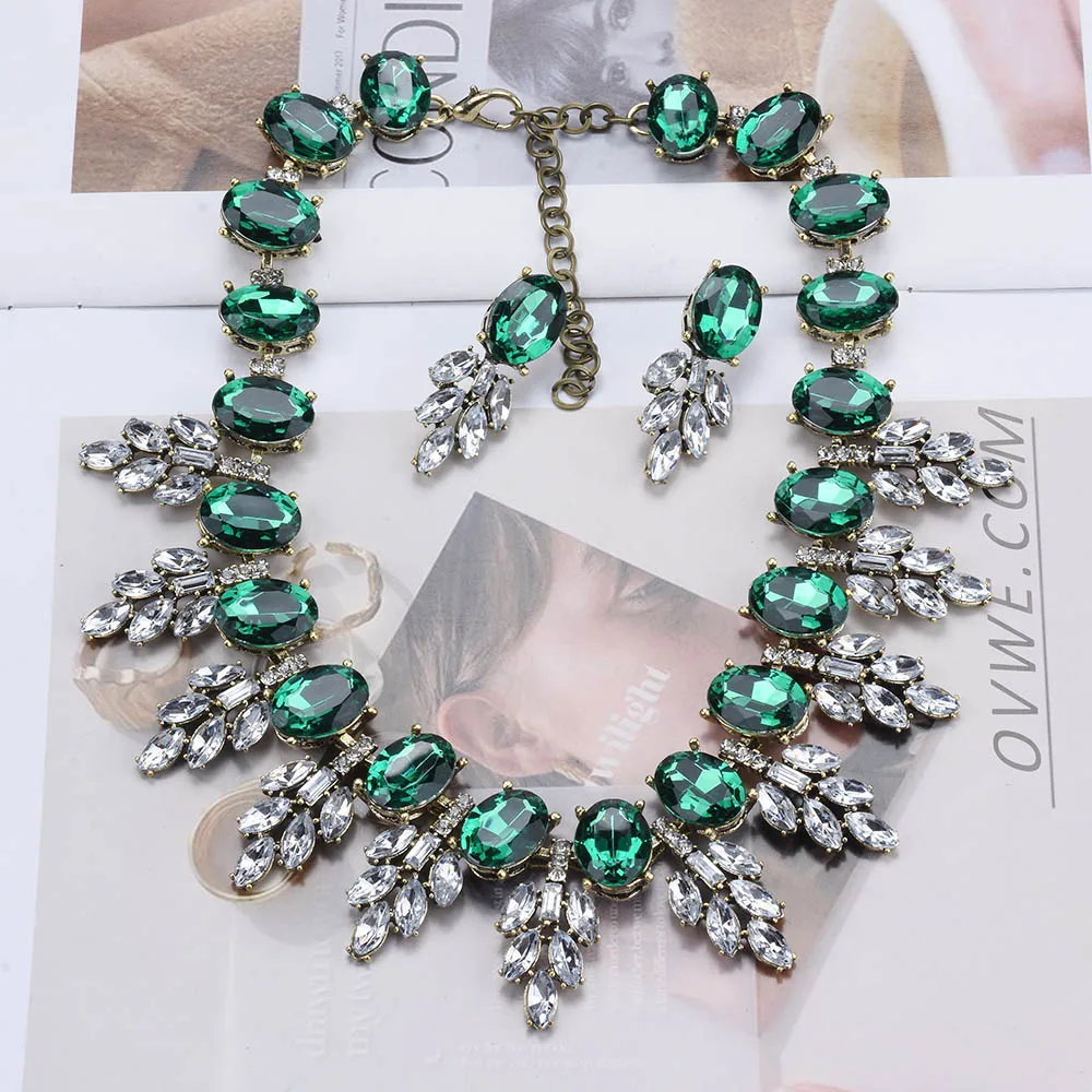 Green Champagne Crystal Rhinestone Choker Necklace Women Jewelry Fashion Leaf Style Indian Statement Wedding Bridal Necklace