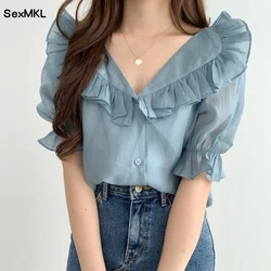 Summer Puff Sleeve Ladies Tops 2024 Vintage V Neck See Through Ruffles Blusa Mujer Korean Casual White Purple Chiffon Blouses