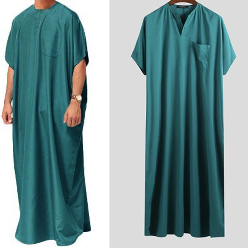 HXBA Muslim Robe Comfortable Muslim Male Shirt Loose Short Sleeve Muslim Clothing Abaya Middle East Jubba Thobe Men Kaftan